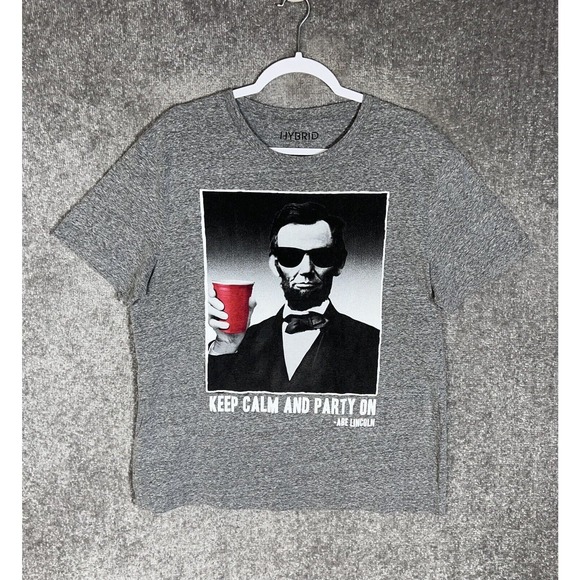 Hybrid Keep Calm Party On Abe Lincoln Short Sleeve T-Shirt Mens Size Large Gray - Picture 1 of 6